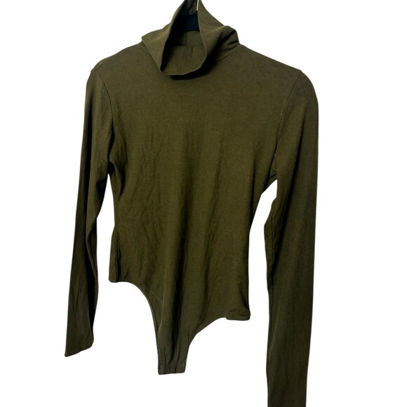 WAYF Olive Green Bodysuit Mock Turtle Neck Stretch Long Sleeves Womens Size M - Picture 4 of 7